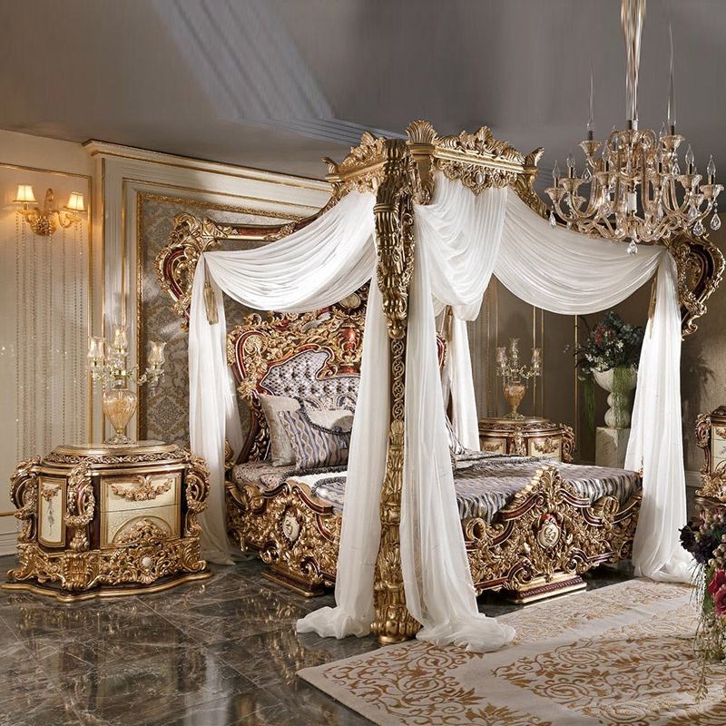 Luxury French Bedroom Set – Hand-Carved Solid Wood Canopy Bed for Home & Hotel Interiors