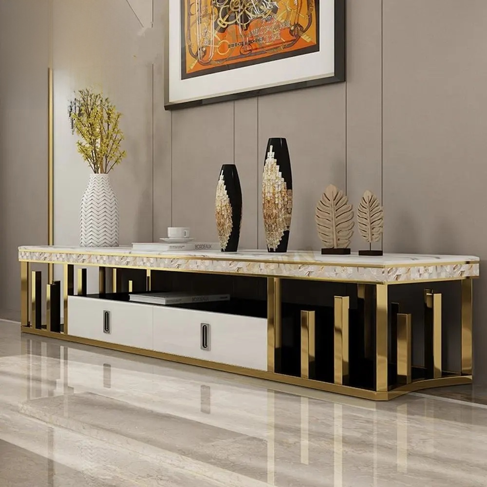 New Silver Stainless Steel Luxury TV Unit Cabinet with Drawer for Living Room Furniture