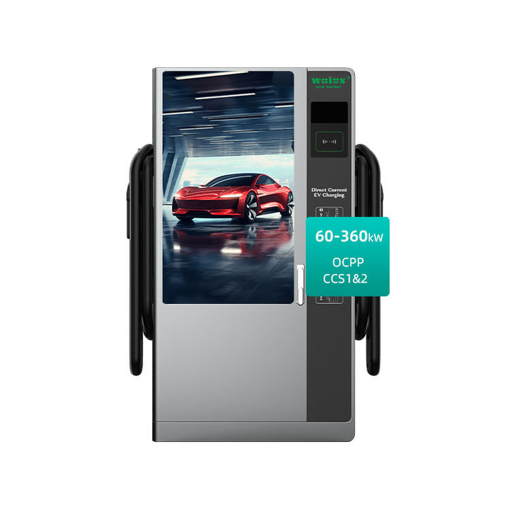 Electric vehicle charging station with a display screen and text indicating power range and standards.