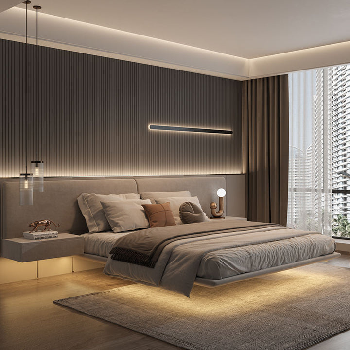 Modern floating bedroom with a bed, nightstands, and wall lights.
