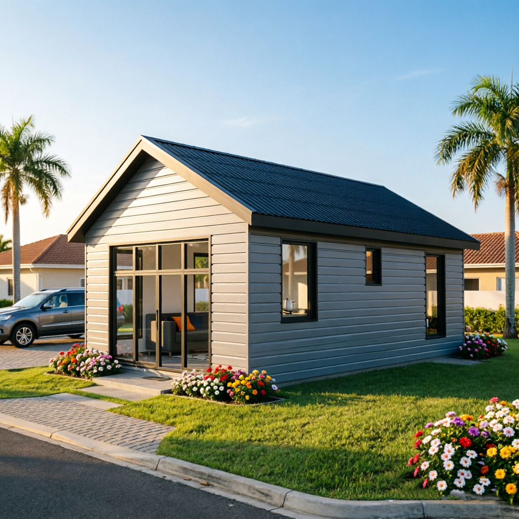 A modern single-story house with light gray horizontal siding and a dark gray roof, shown in a landscaped suburban setting with palm trees, flower beds, a driveway, and a parked car.