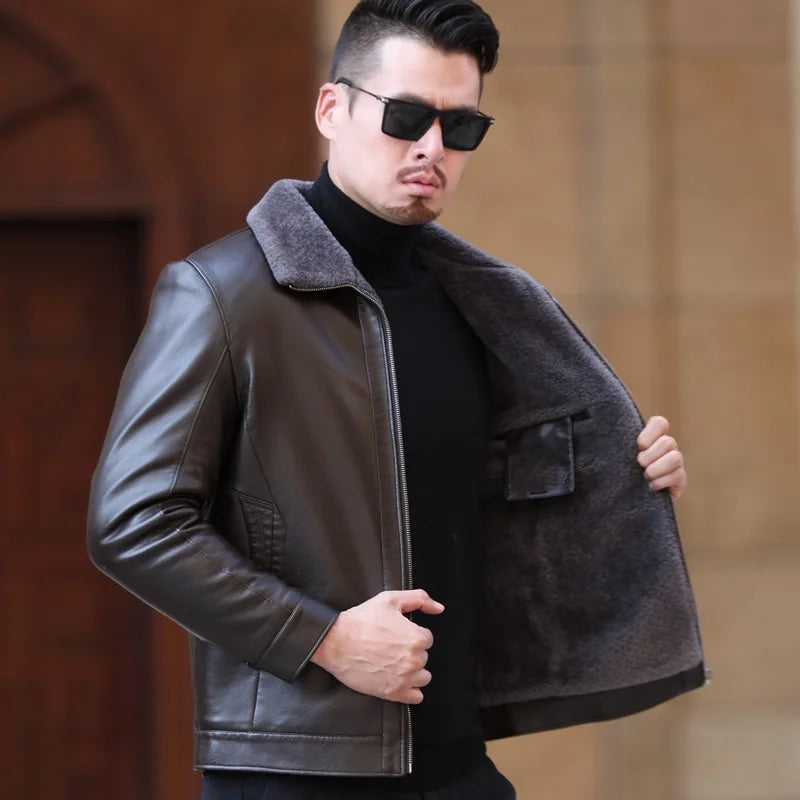 New Stylish Winter Men's Leather Jacket Fur One Casual Thickened plus Sheep Warm Leather Fashion Jacket 