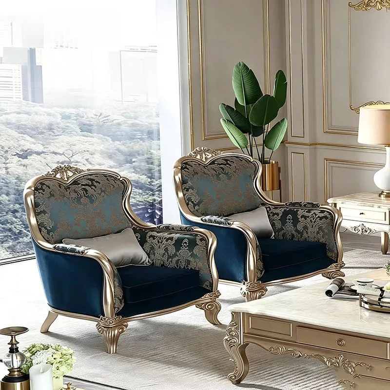 Premium Leisure Armchair – Hand-Carved Solid Wood Upholstered Accent Chair with Jacquard Fabric