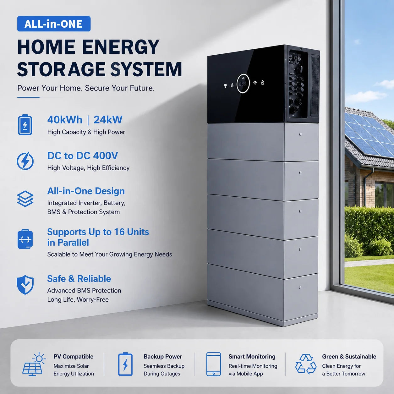 New High Voltage All-in-One Home ESS with 24kW Inverter | 400V Stackable LiFePO4 Battery Energy Storage System