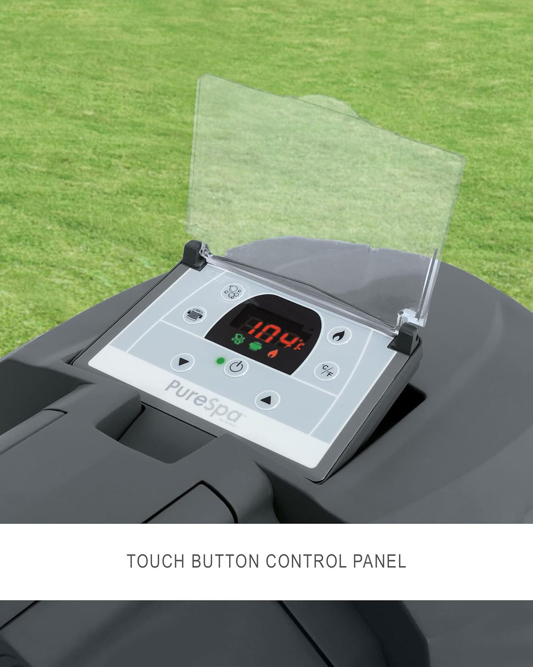 Touch button control panel of a PureSpa product with a grassy background