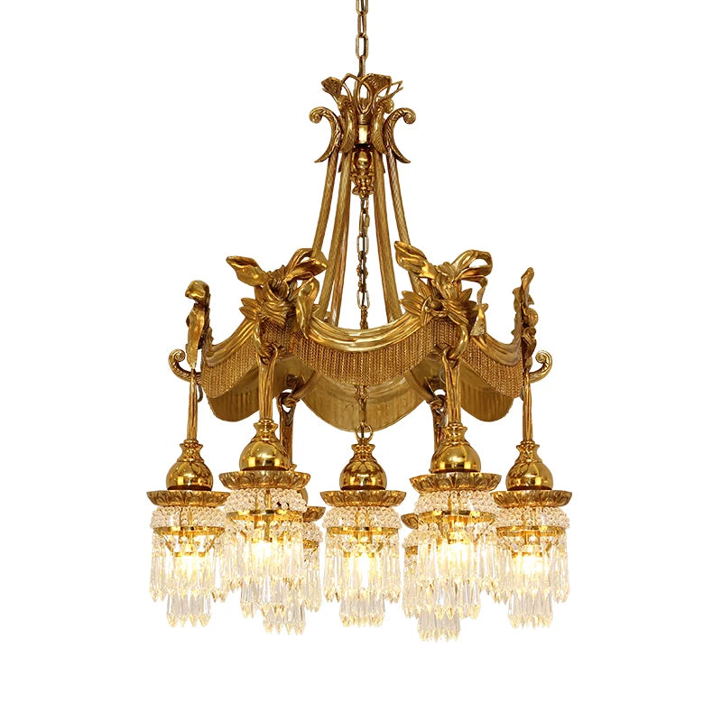 Luxury French Victorian Crystal Crown Chandelier | Antique Brass European Pendant Light