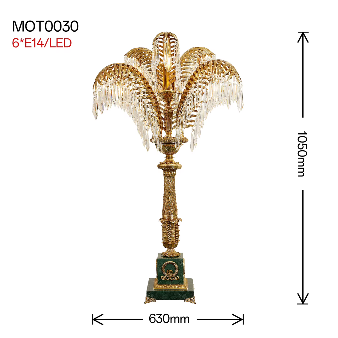 French Brass Palm Leaf Crystal Luxury Table Lamp