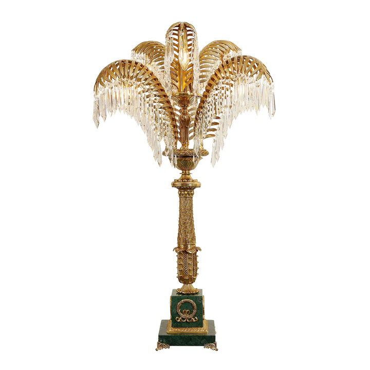 French Brass Palm Leaf Crystal Luxury Table Lamp