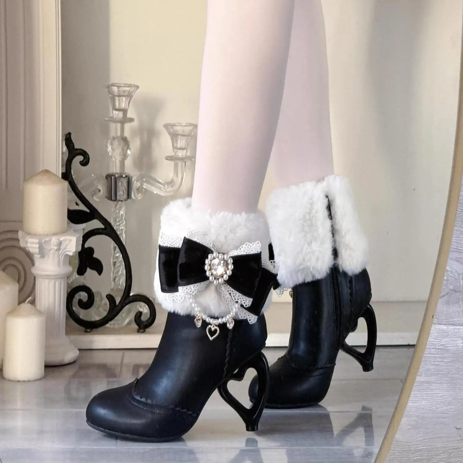 Women’s Lolita Boots – Japanese Style Bow Pearl Shoes