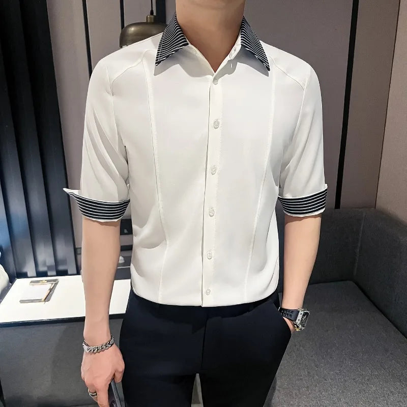 Men’s Spliced Slim Fit Casual Shirt – Short Sleeve Summer Business & Social Top