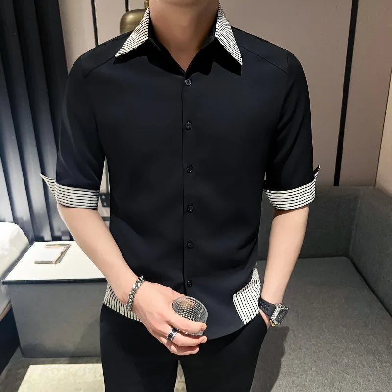 Men’s Spliced Slim Fit Casual Shirt – Short Sleeve Summer Business & Social Top