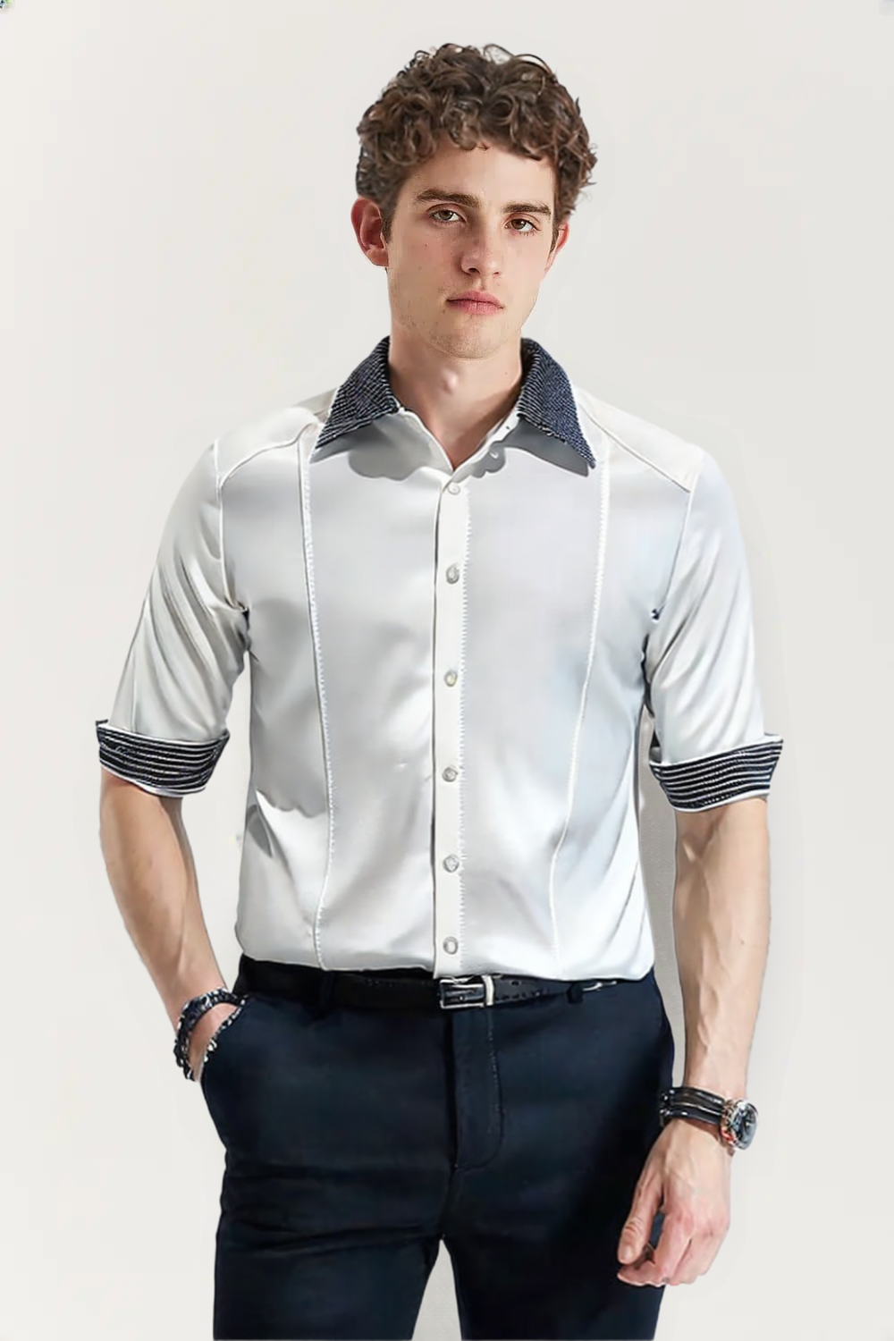 Men’s Spliced Slim Fit Casual Shirt – Short Sleeve Summer Business & Social Top