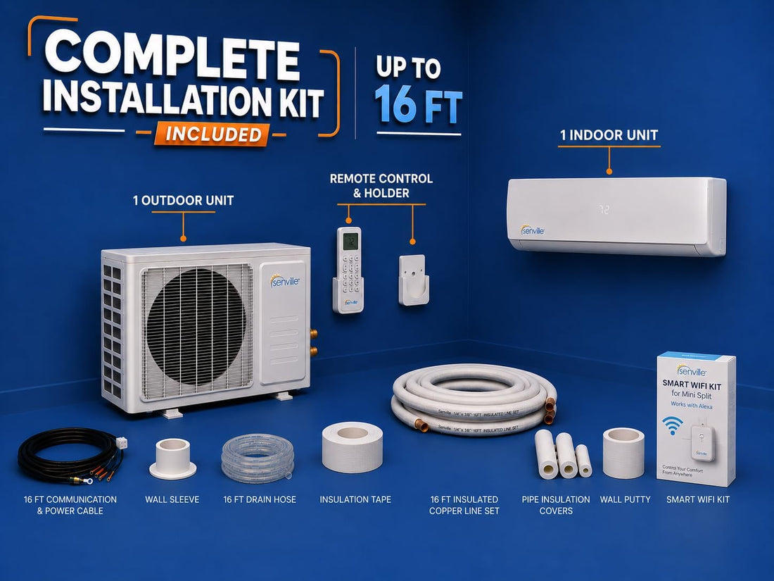 A complete outdoor air conditioner installation kit displayed on a blue background, including an outdoor and indoor wall unit, remote control and holder, communication cable, drain hose, insulation tape, insulated copper line set, pipe insulation covers, wall putty, wall sleeve, and smart WiFi kit box.