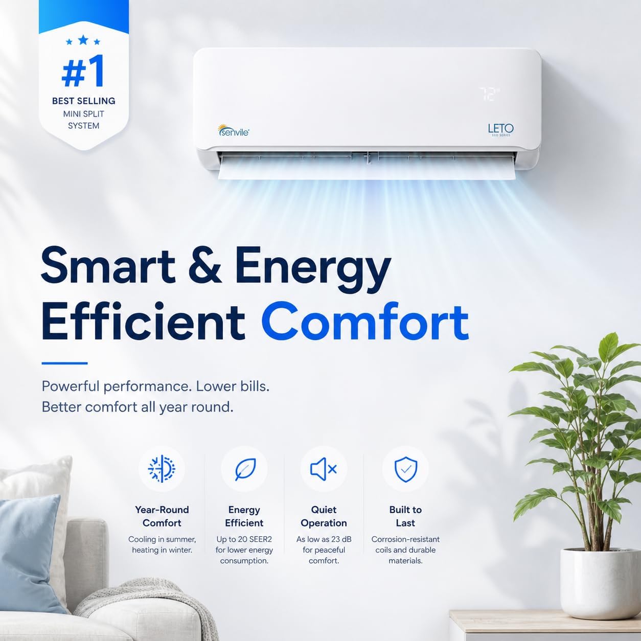 A wall-mounted white LEDVU air conditioner split unit shown in a styled home interior with a sofa, pillows, and a potted plant. The image includes marketing text reading 'Smart & Energy Efficient Comfort' and feature icons for year-round comfort, energy efficiency, quiet operation, and built-to-last durability.