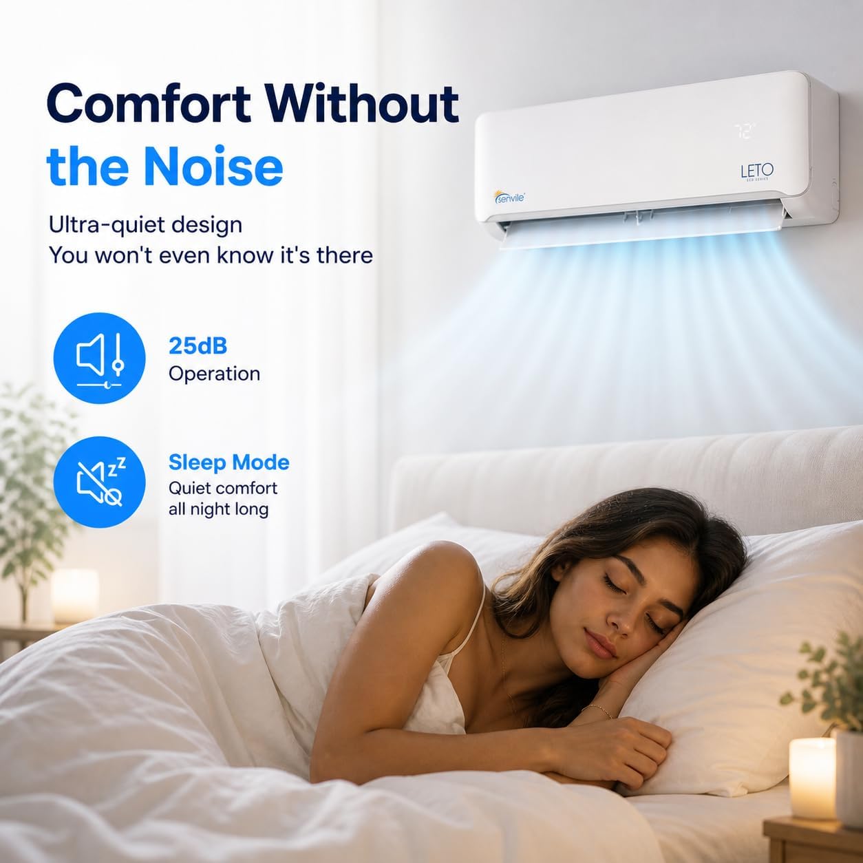 Woman sleeping peacefully with a LETO air conditioner labeled 'Comfort Without the Noise' in the background.