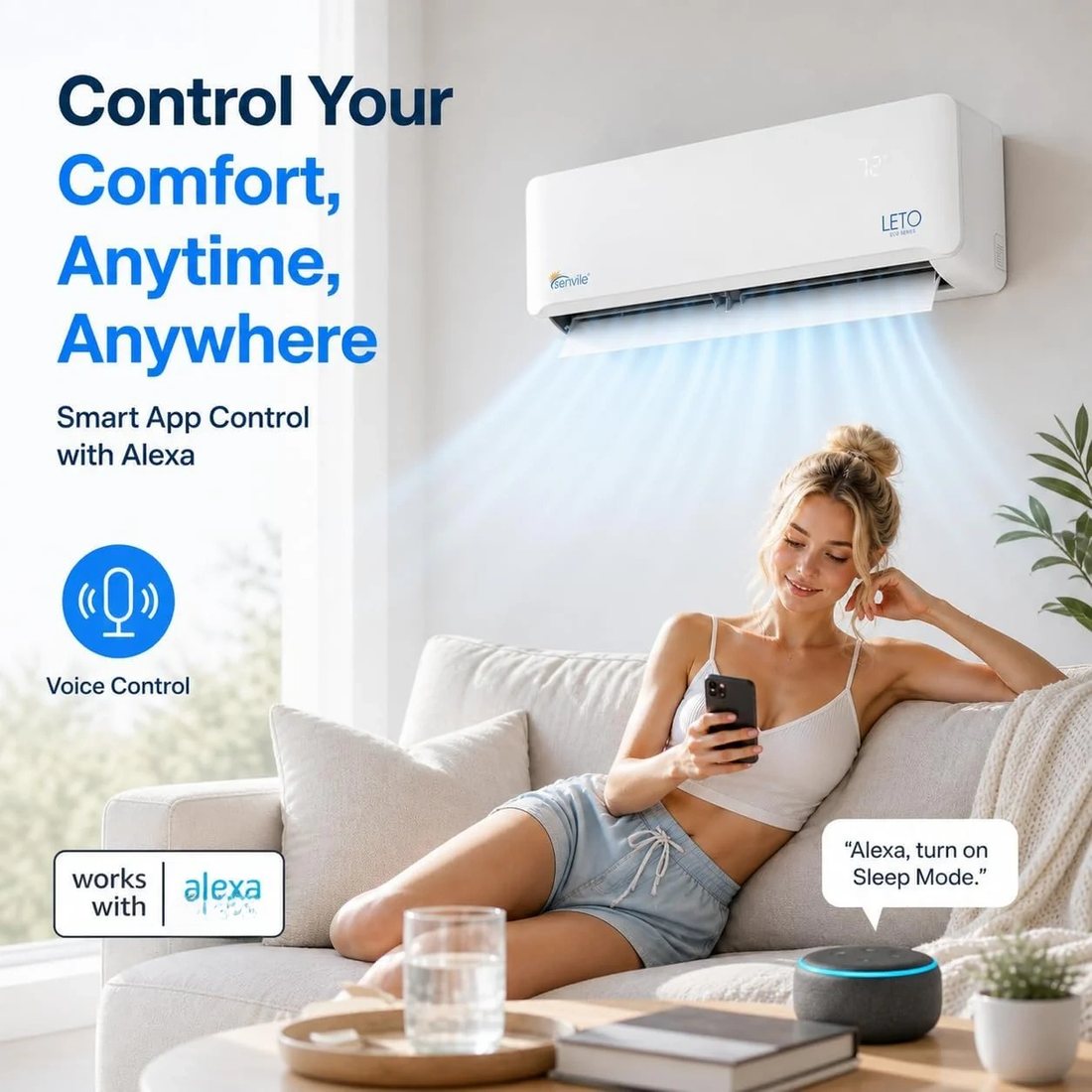 A woman relaxes on a light beige sofa in a bright living room while holding a smartphone, with a white LEIO smart air conditioner mounted on the wall above her. Blue light graphics show airflow, and promotional text highlights smart app control, voice control, and Alexa compatibility.