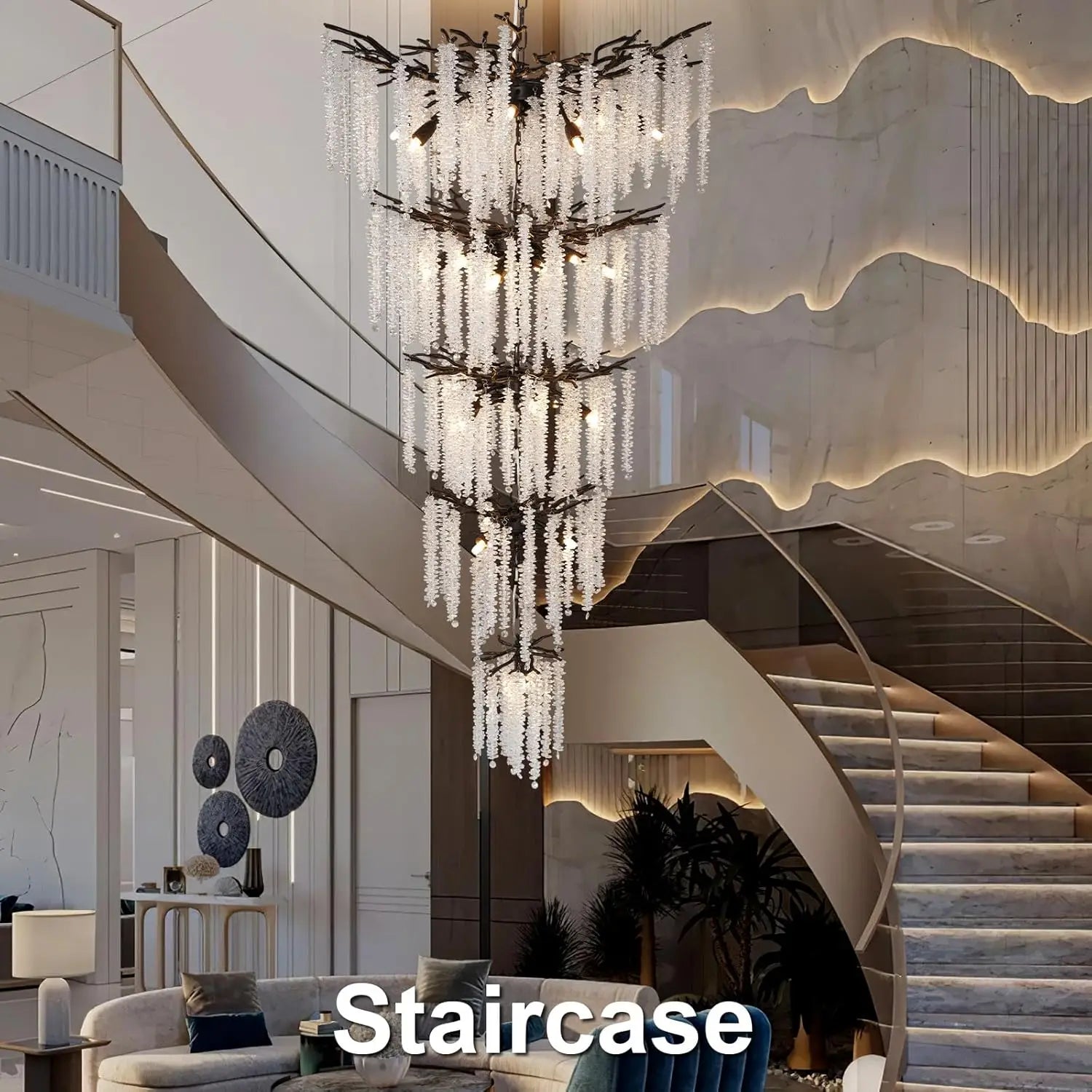 Large Crystal Staircase Loft Chandelier | High Ceiling Entryway Crystal Hanging Light