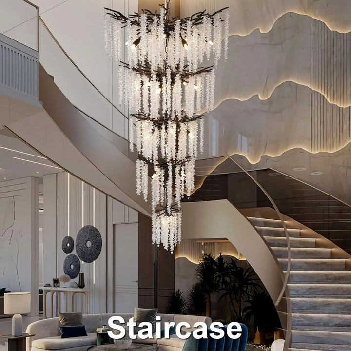 Large Crystal Staircase Loft Chandelier | High Ceiling Entryway Crystal Hanging Light