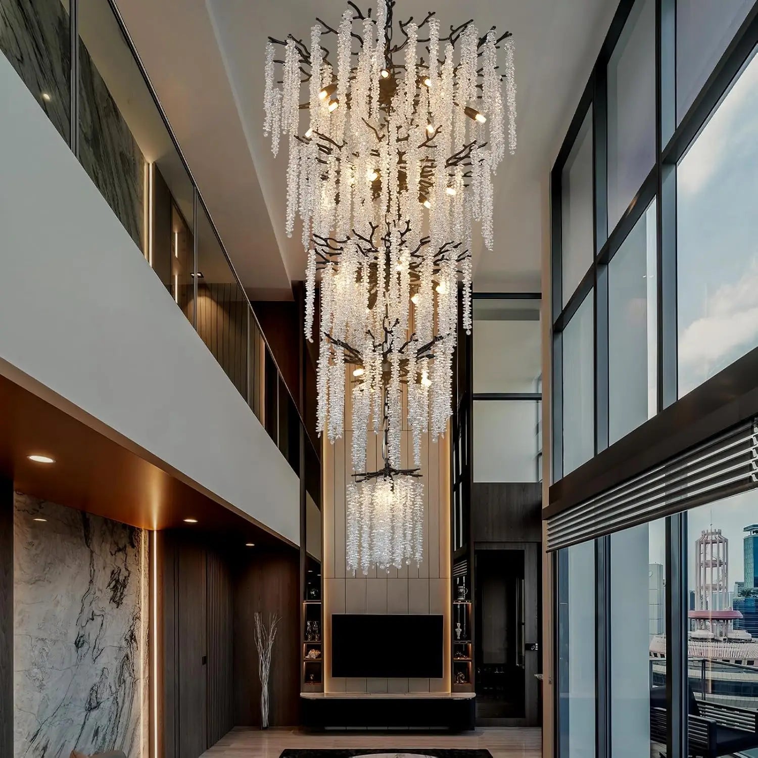 Large Crystal Staircase Loft Chandelier | High Ceiling Entryway Crystal Hanging Light