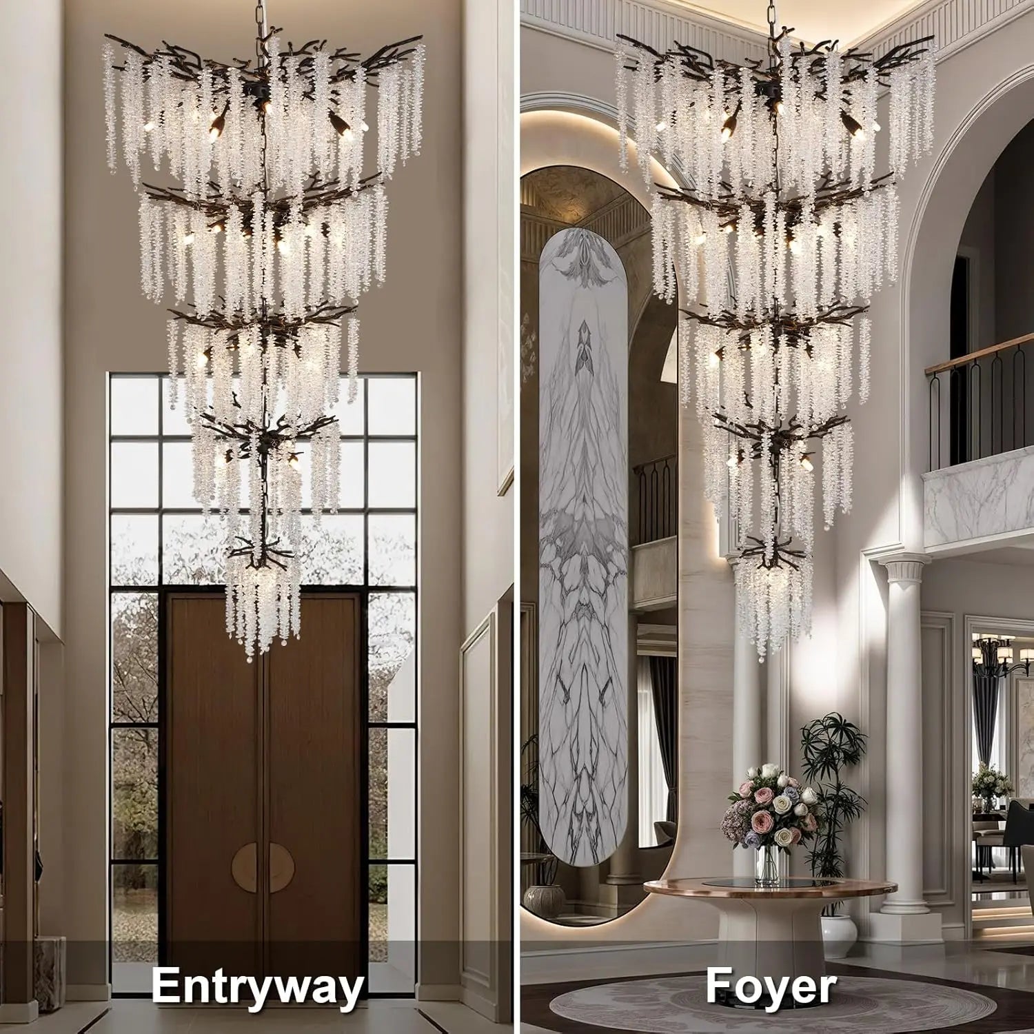 Large Crystal Staircase Loft Chandelier | High Ceiling Entryway Crystal Hanging Light