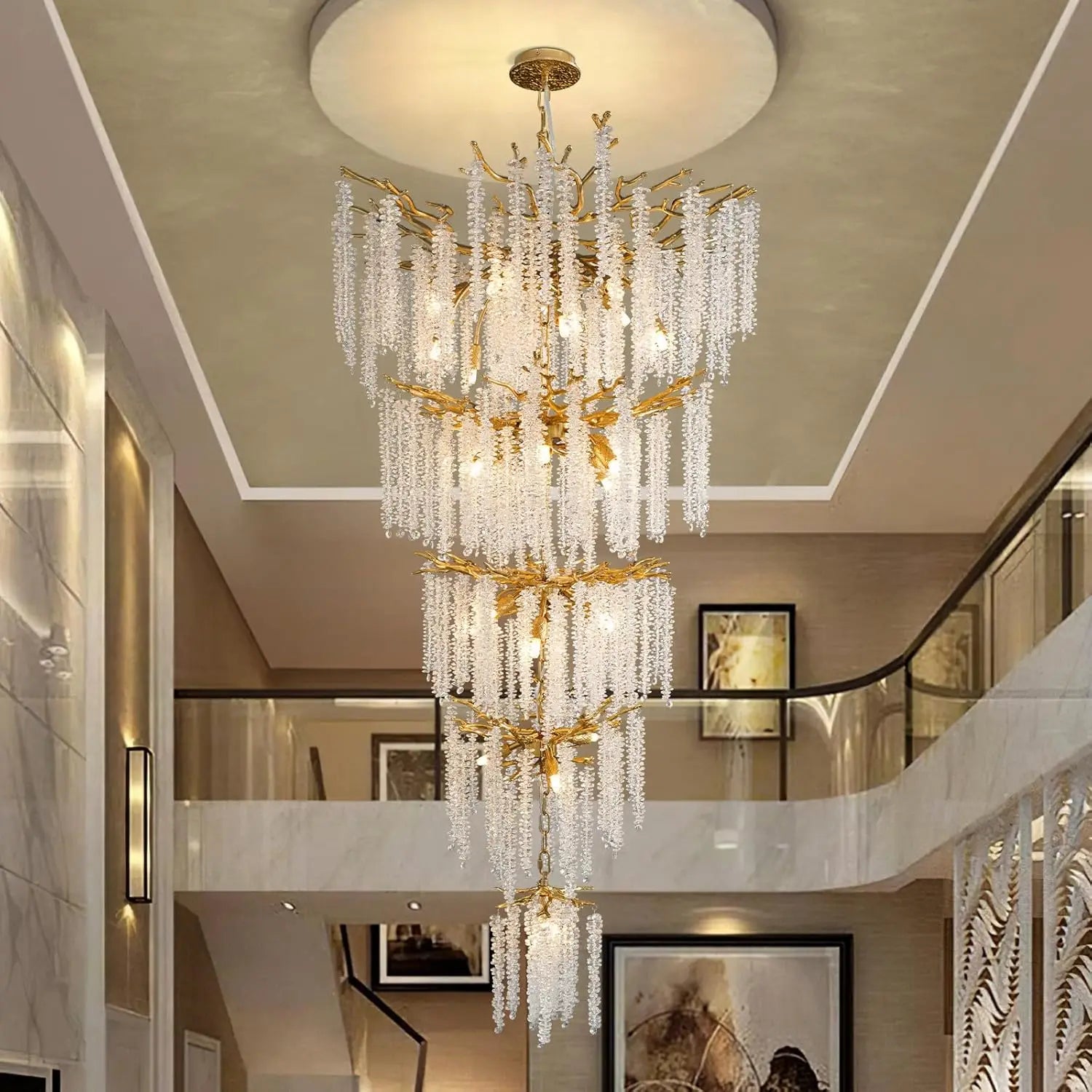 Large Crystal Staircase Loft Chandelier | High Ceiling Entryway Crystal Hanging Light