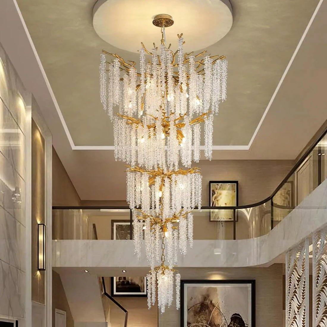 Large Crystal Staircase Loft Chandelier | High Ceiling Entryway Crystal Hanging Light