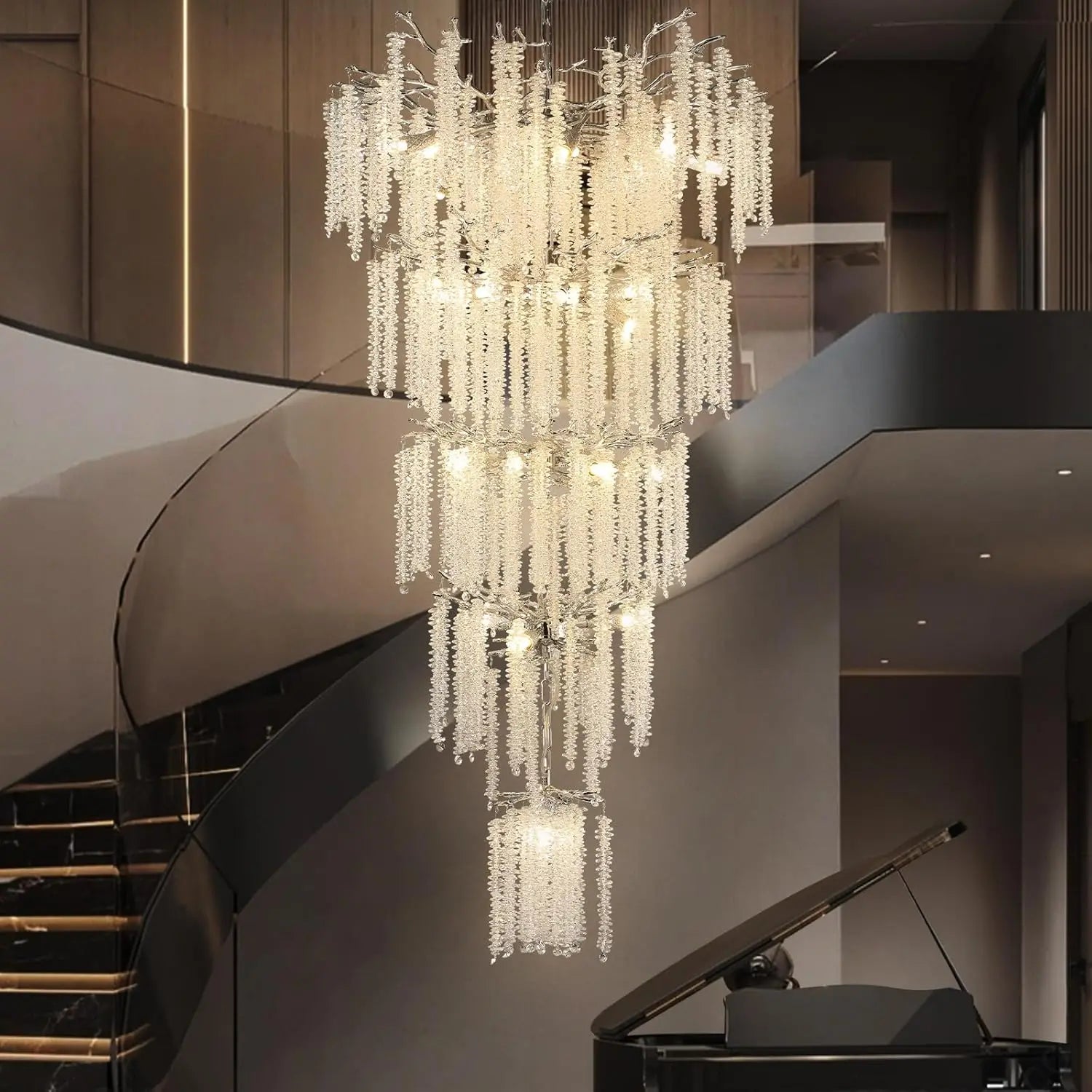 Large Crystal Staircase Loft Chandelier | High Ceiling Entryway Crystal Hanging Light
