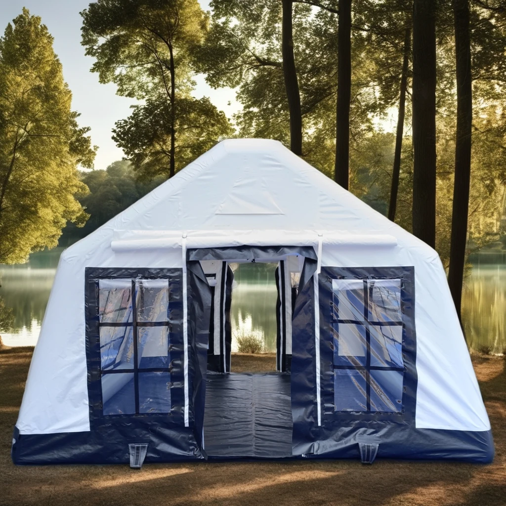 Portable garage-style tent with open doors in a forest setting