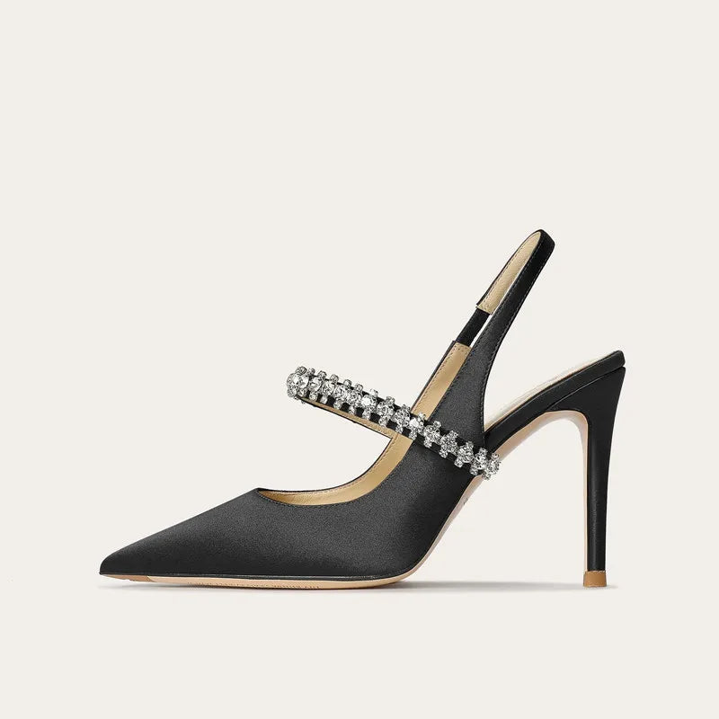 Women’s Pointed-Toe High Heel Sandals Diamond Embellished Slim Heels