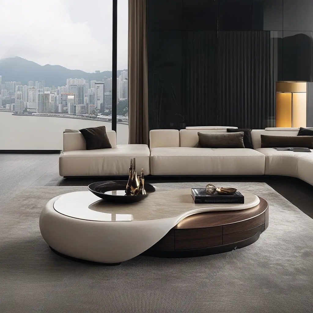 Modern living room with a sectional sofa and a stylish coffee table in a room with large windows overlooking a cityscape.