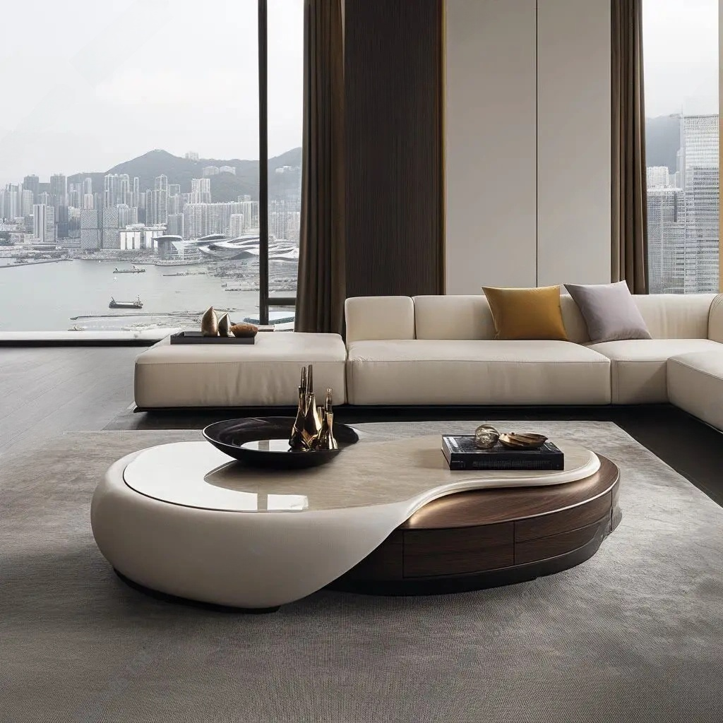 Modern living room with a sectional sofa and a unique coffee table in front of large windows with a cityscape view.