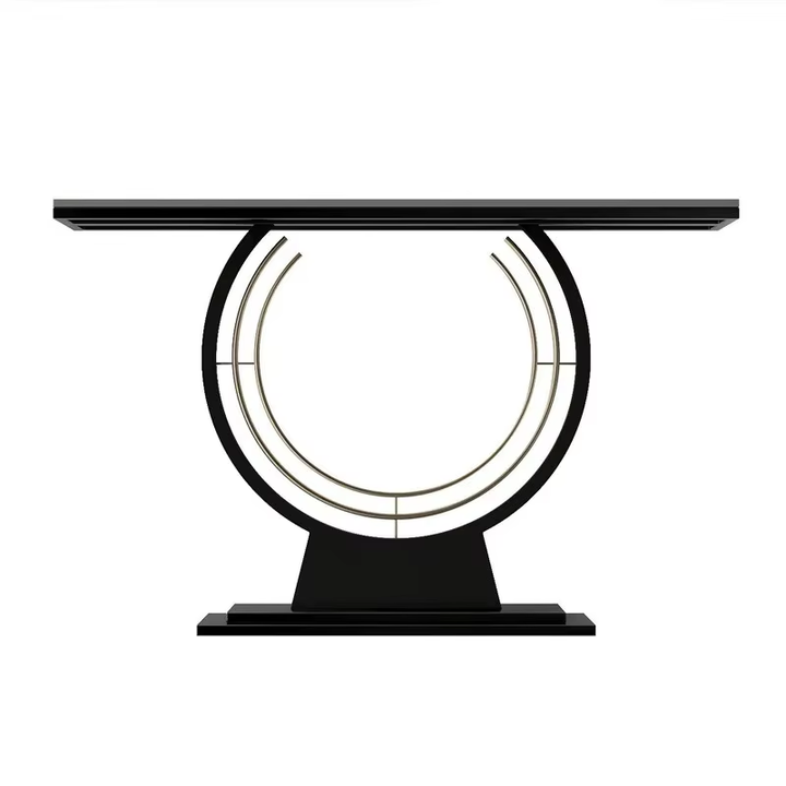 Modern console table with circular design on a white background