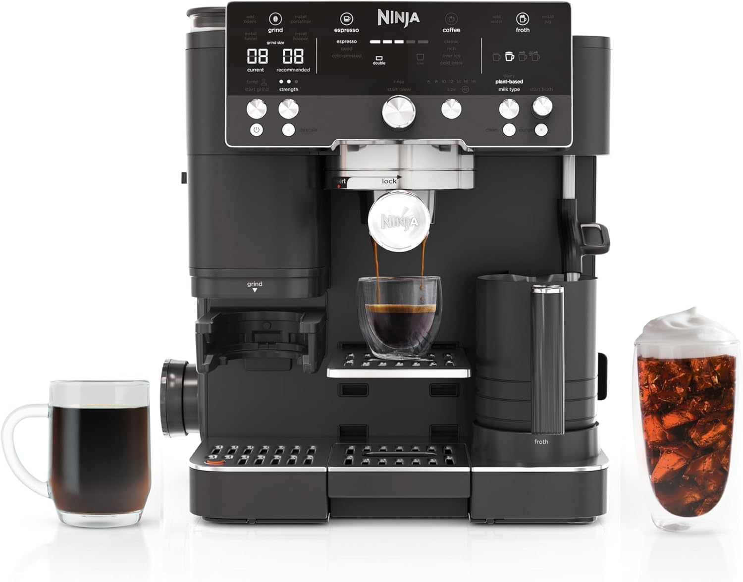 Premium All-in-one premium coffee system delivering espresso, drip coffee, and cold brew with built-in grinding and café-style