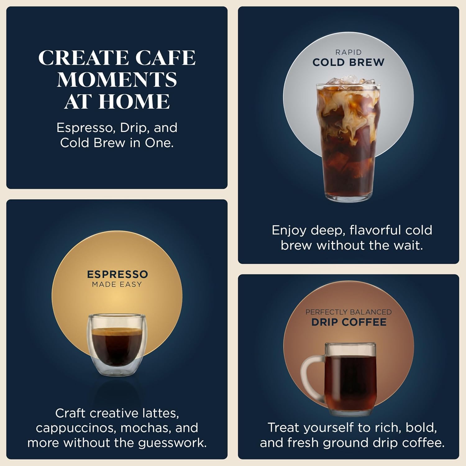 Premium All-in-one premium coffee system delivering espresso, drip coffee, and cold brew with built-in grinding and café-style
