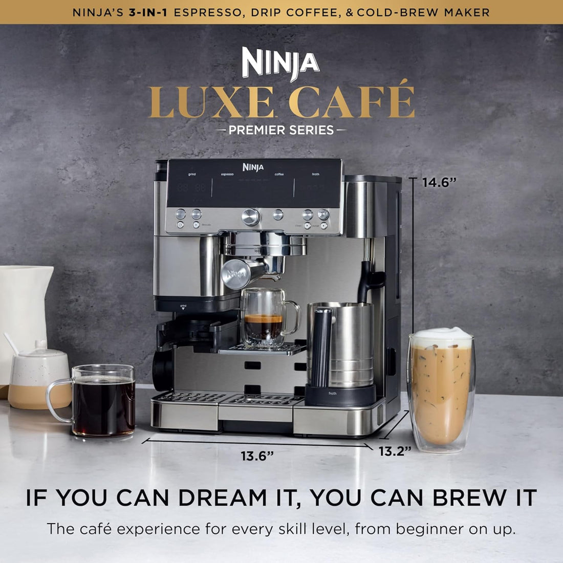 Premium All-in-one premium coffee system delivering espresso, drip coffee, and cold brew with built-in grinding and café-style