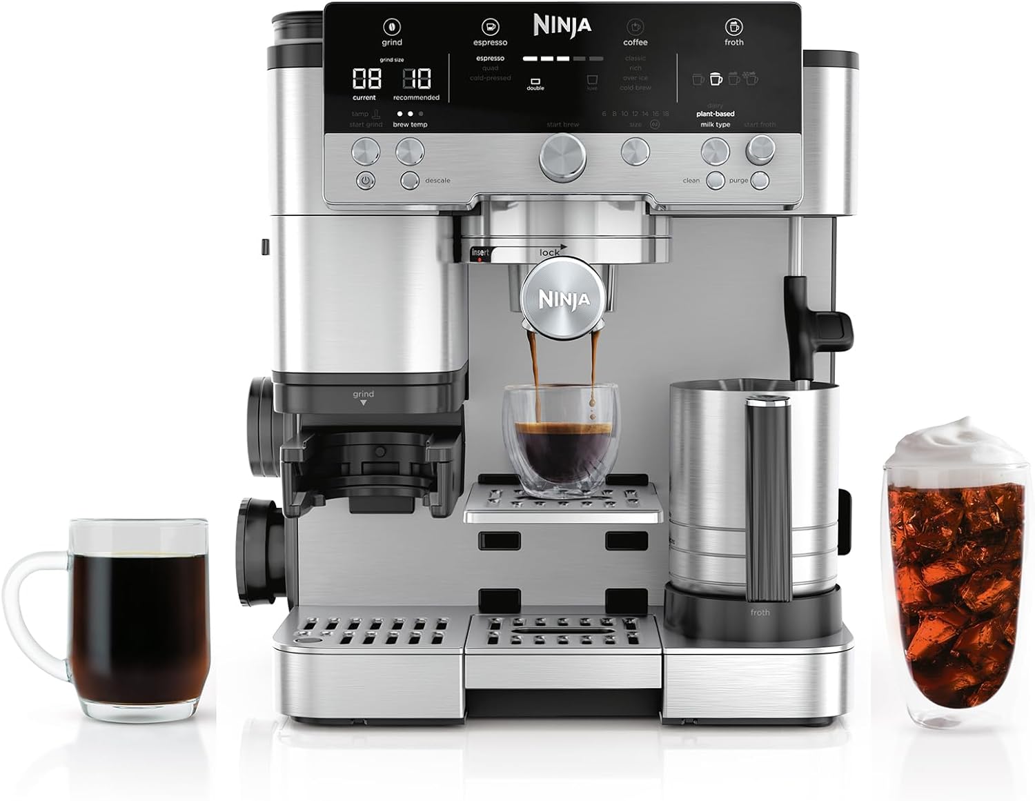 Ninja coffee maker with a glass of coffee and a glass of iced coffee on a white background
