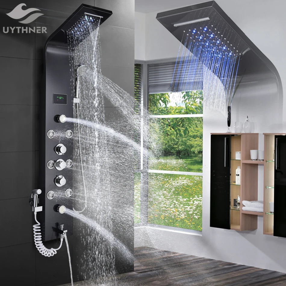 Luxury Black/Brushed Bathroom Shower Faucet LED Rainfall Shower Panel System Bathtub Mixer Tap Massage Spa Temperature Screen