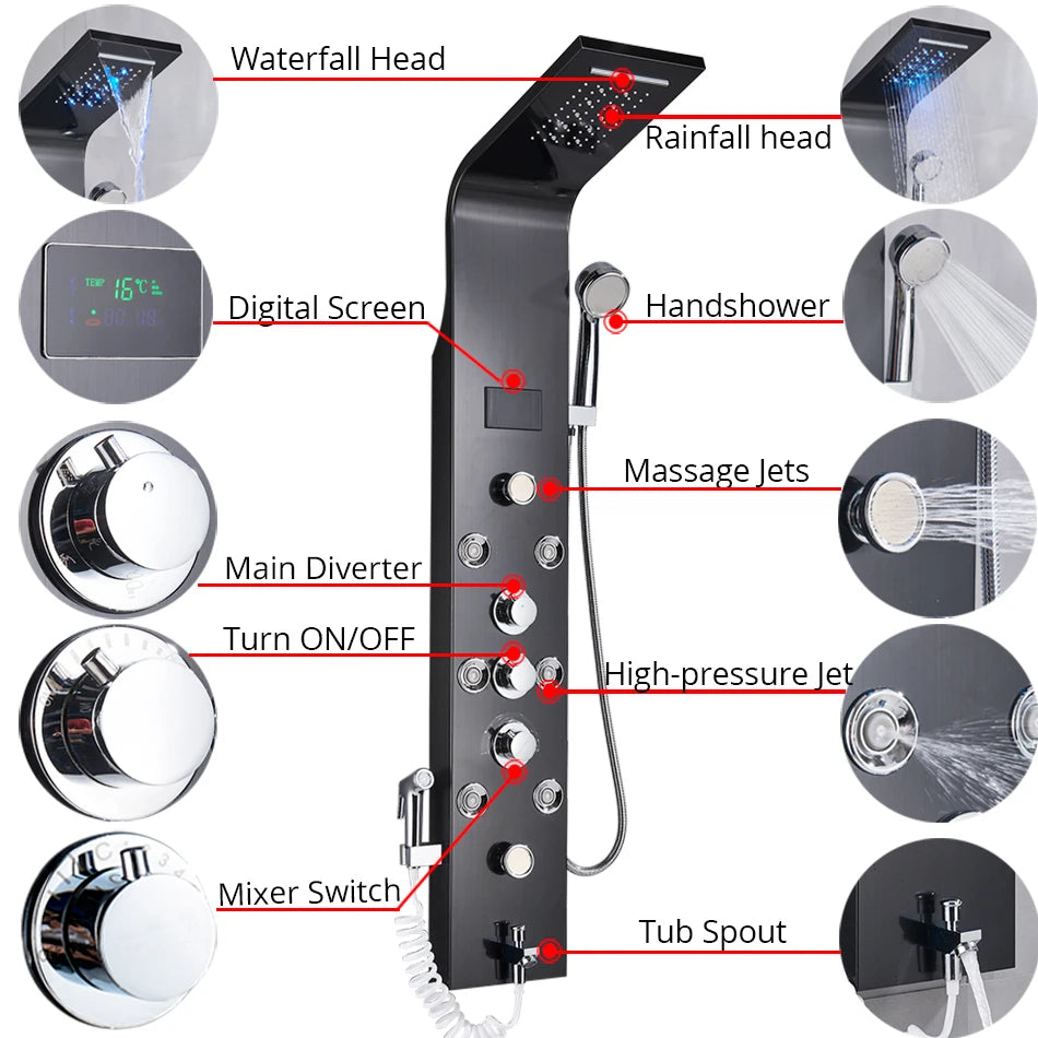 Luxury Black/Brushed Bathroom Shower Faucet LED Rainfall Shower Panel System Bathtub Mixer Tap Massage Spa Temperature Screen