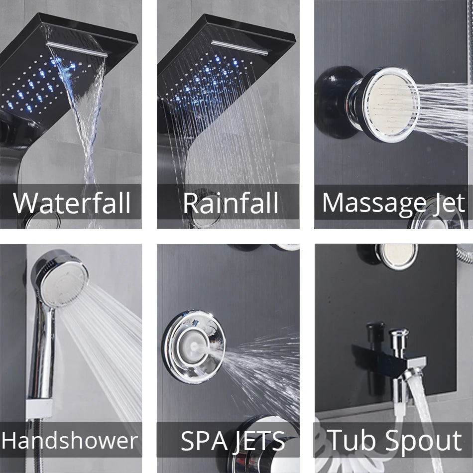 Luxury Black/Brushed Bathroom Shower Faucet LED Rainfall Shower Panel System Bathtub Mixer Tap Massage Spa Temperature Screen