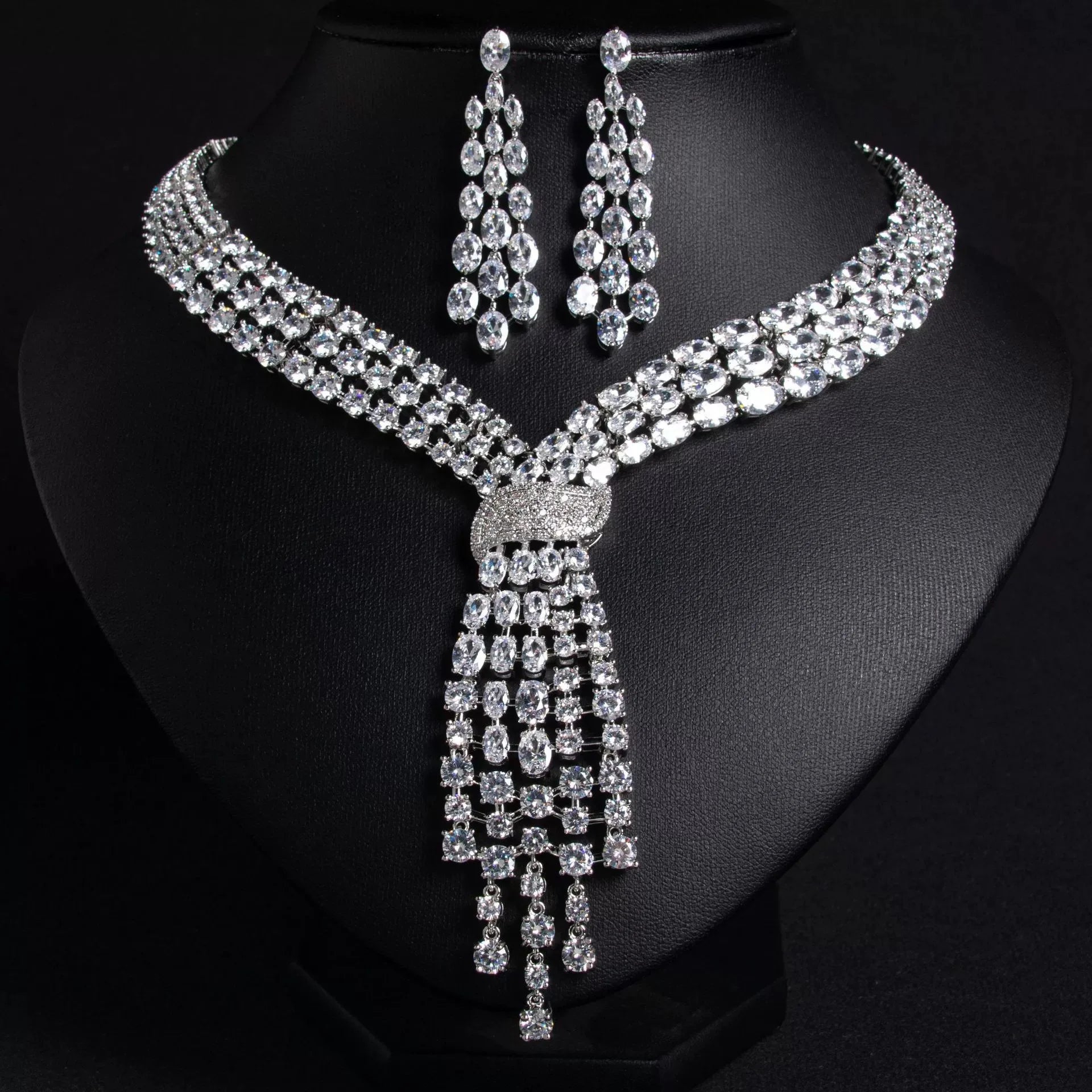 Luxury 2-Piece Cubic Zirconia Tassel Bridal Jewellery Set