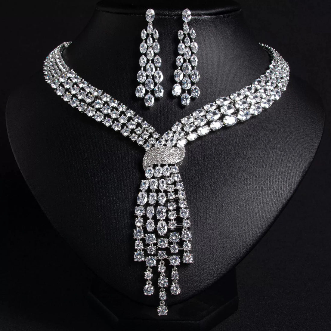 Luxury 2-Piece Cubic Zirconia Tassel Bridal Jewellery Set