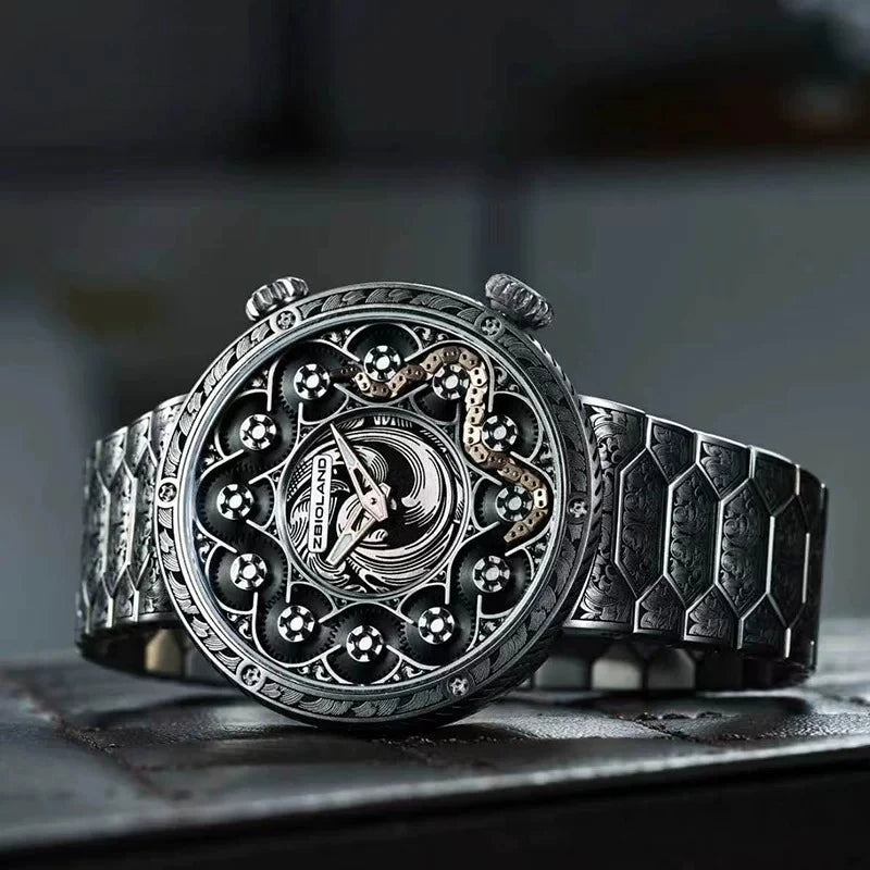 Luxury 3D King Mechanical Couple Watch – Intricate Engraved Design with Moving Details