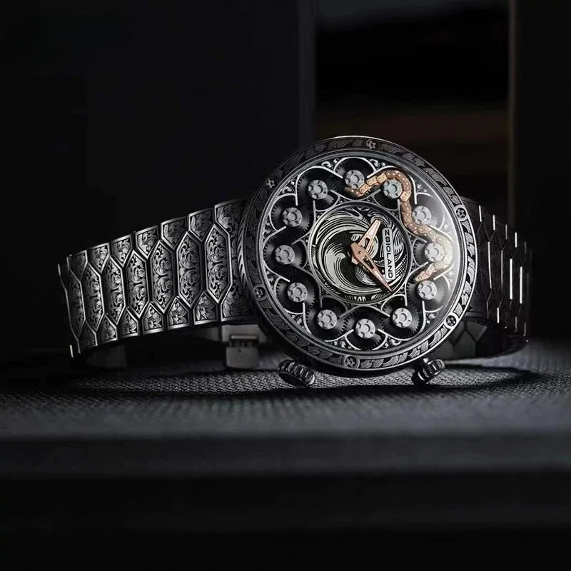 Luxury 3D King Mechanical Couple Watch – Intricate Engraved Design with Moving Details