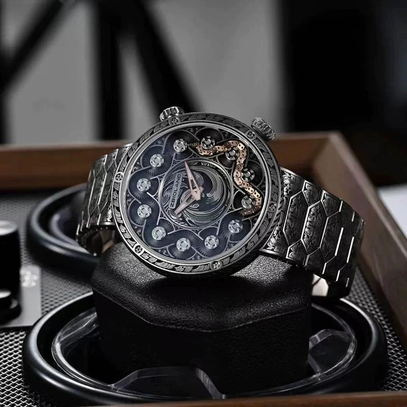 Luxury 3D King Mechanical Couple Watch – Intricate Engraved Design with Moving Details