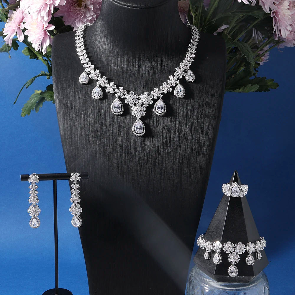 Luxury 4-Piece Water Drop Cubic Zirconia Bridal Jewelry Set for Women
