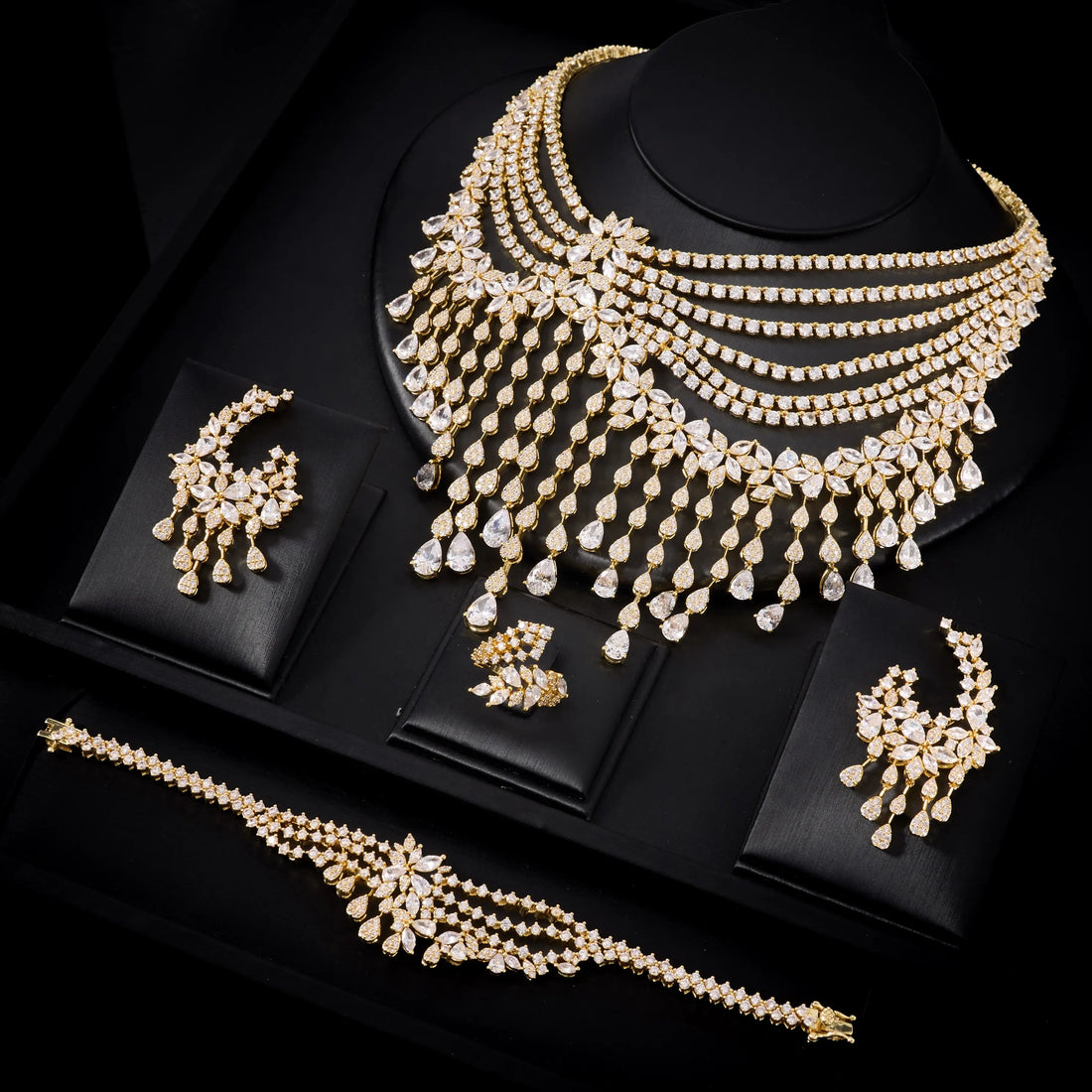 Luxury Crystal Zircon 4-Piece Jewellery Set for Women – Wedding Necklace, Earrings, Bracelet & Ring