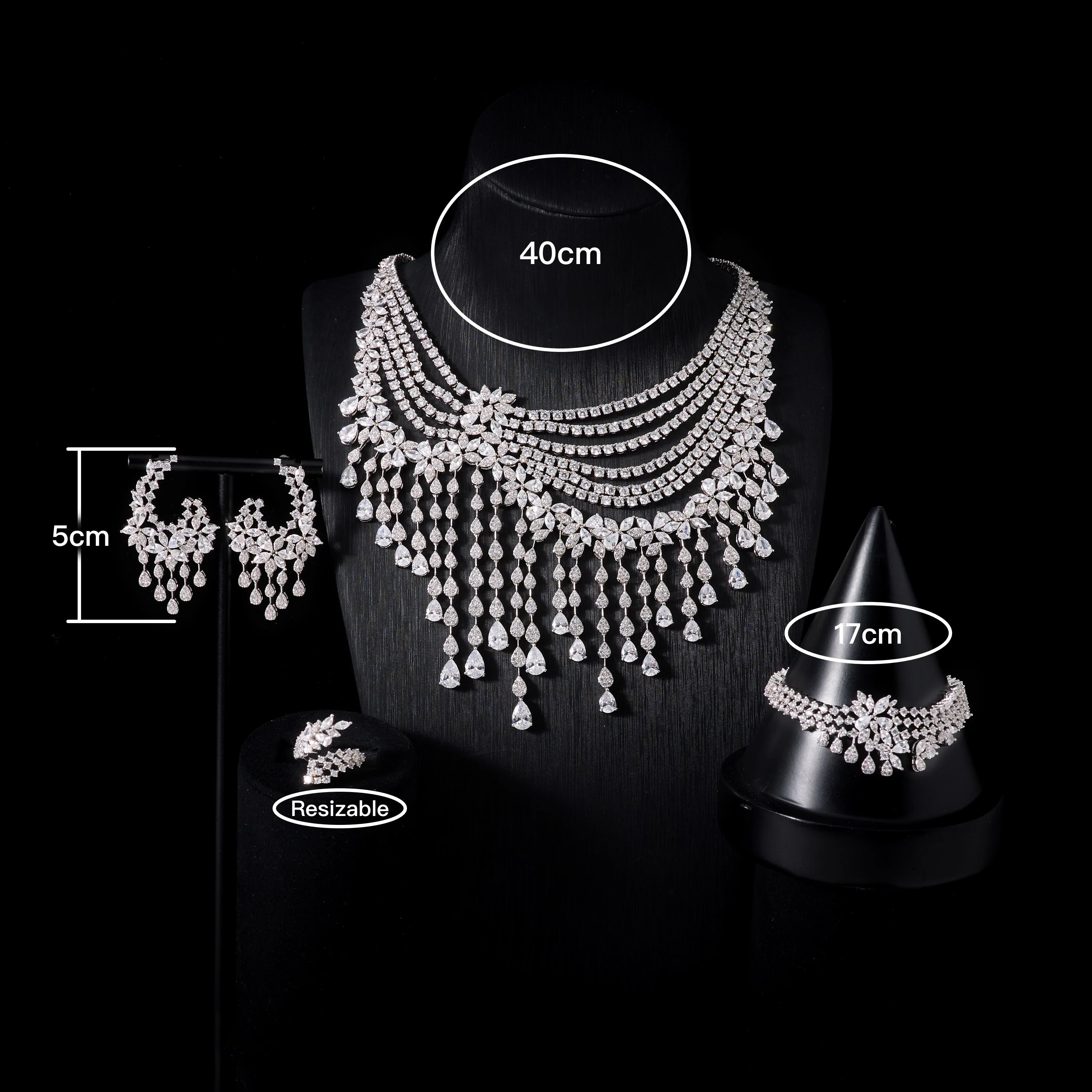 Luxury Crystal Zircon 4-Piece Jewellery Set for Women – Wedding Necklace, Earrings, Bracelet & Ring