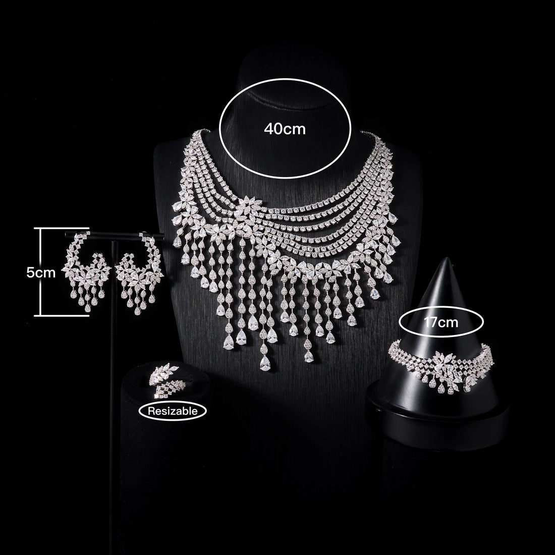 Luxury Crystal Zircon 4-Piece Jewellery Set for Women – Wedding Necklace, Earrings, Bracelet & Ring