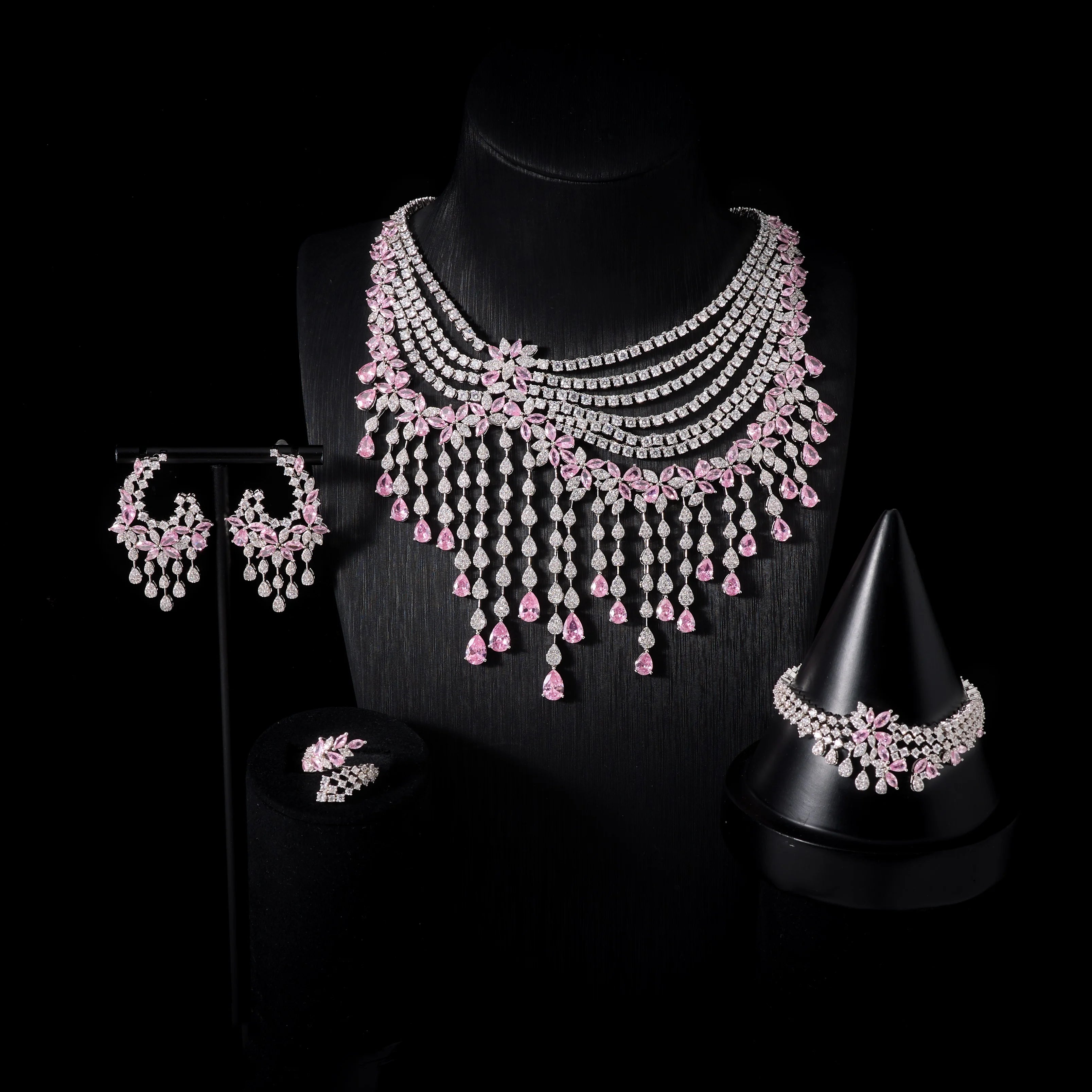 Luxury Crystal Zircon 4-Piece Jewellery Set for Women – Wedding Necklace, Earrings, Bracelet & Ring