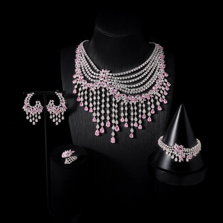 Luxury Crystal Zircon 4-Piece Jewellery Set for Women – Wedding Necklace, Earrings, Bracelet & Ring